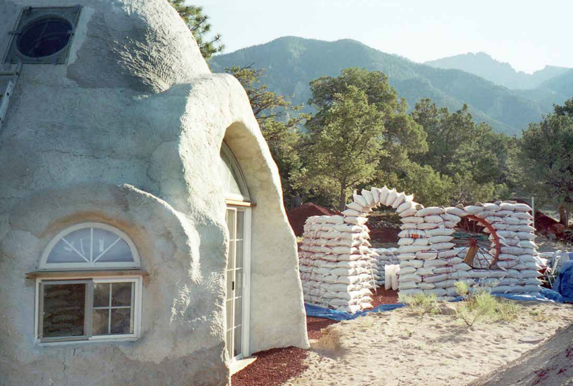 The author’s earthbag dome home under construction in 1999